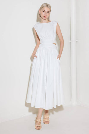 CHASING PEACE IN WHITE WOVEN MIDI DRESS