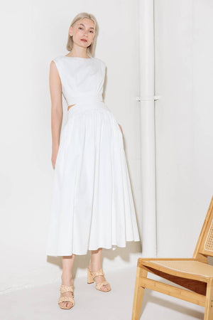 CHASING PEACE IN WHITE WOVEN MIDI DRESS
