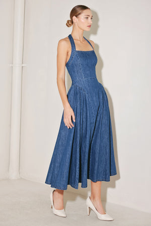 AMERICAN SUMMER NOTE DENIM MIDI DRESS