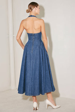 AMERICAN SUMMER NOTE DENIM MIDI DRESS