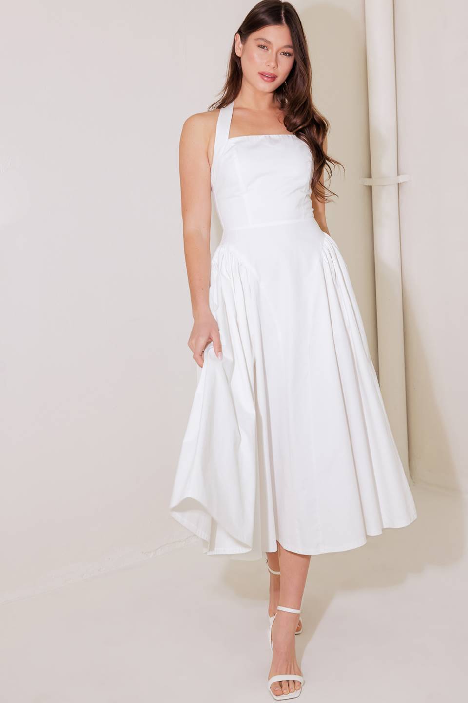 CAUGHT IN THE RAIN WHITE WOVEN MIDI DRESS
