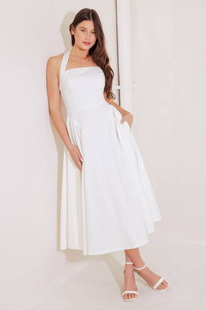 CAUGHT IN THE RAIN WHITE WOVEN MIDI DRESS