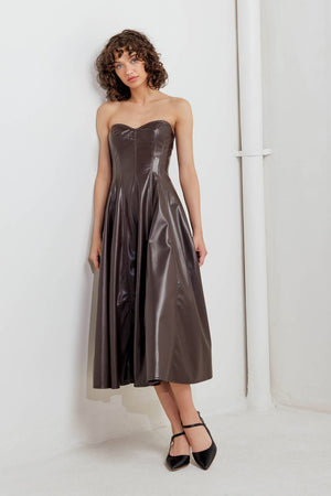 ESPRESSO DIVA FAUX LEATHER MIDI DRESS