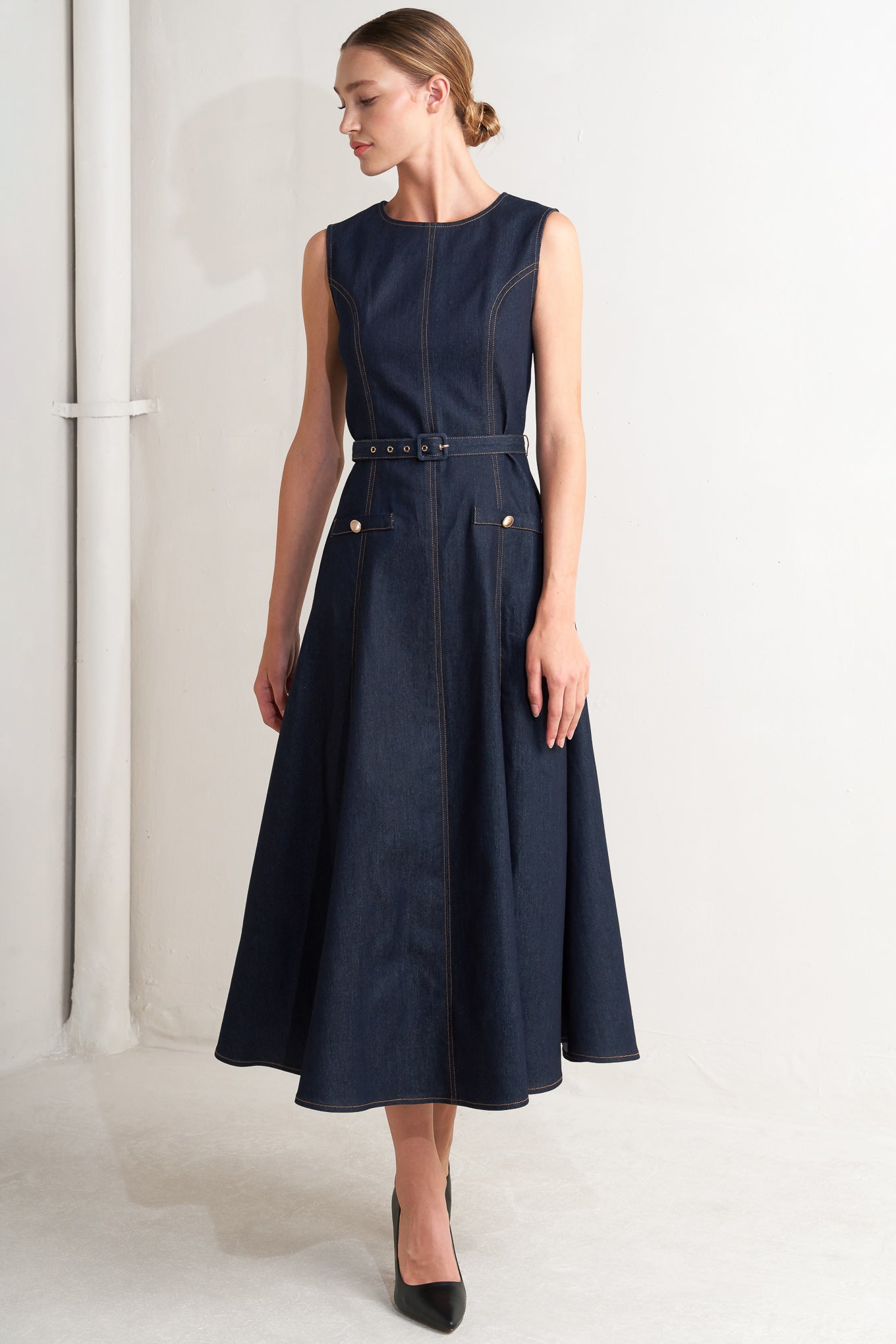 MODERN DARK DENIM MIDI DRESS