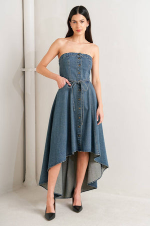 MIDNIGHT VOLUME DENIM MIDI DRESS