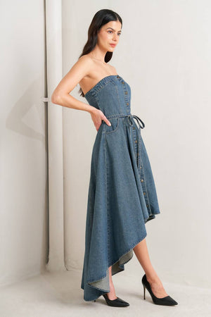 MIDNIGHT VOLUME DENIM MIDI DRESS