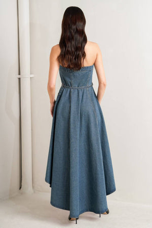 MIDNIGHT VOLUME DENIM MIDI DRESS