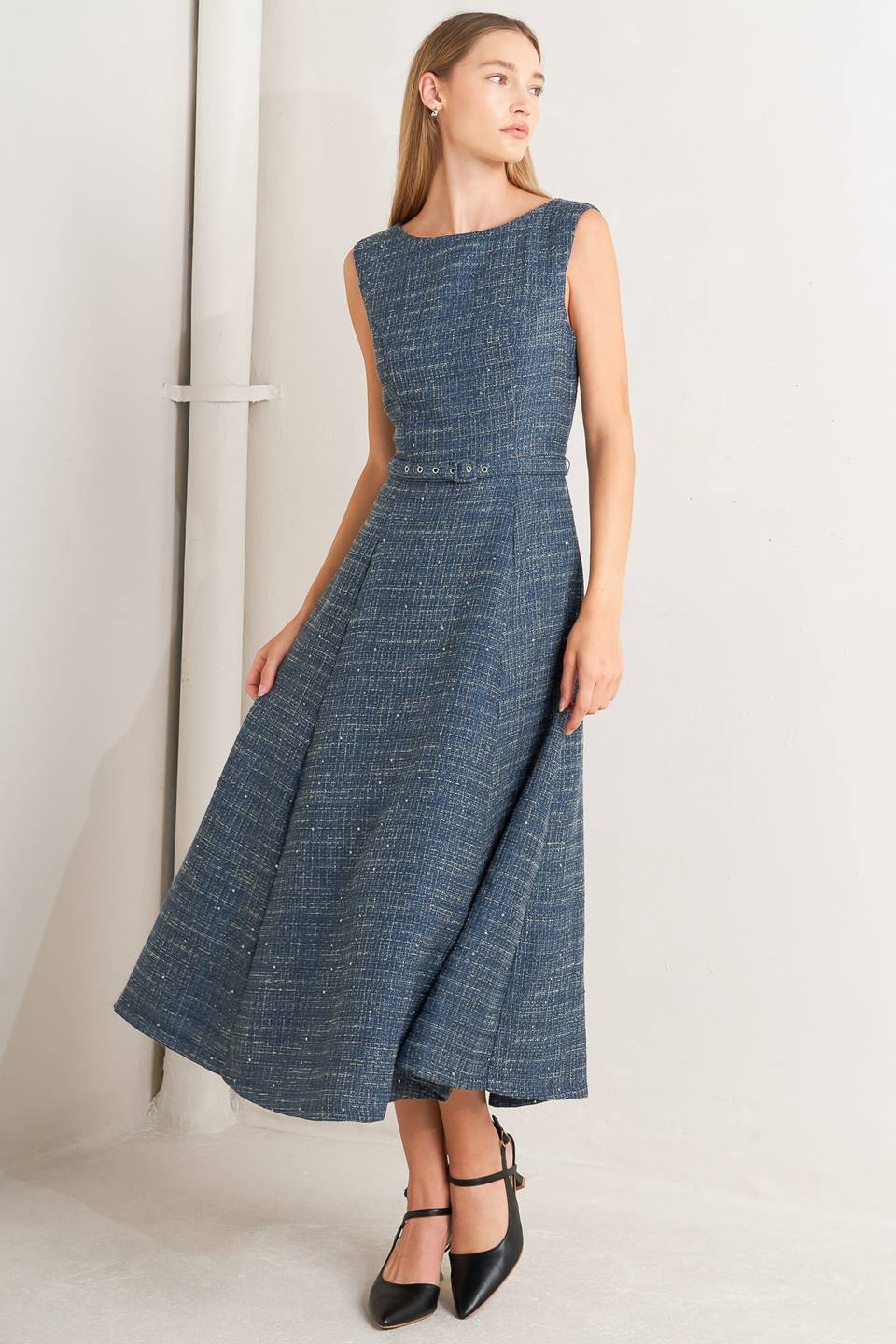 VINTAGE VIBE BOUCLÉ WOVEN TWEED MIDI DRESS