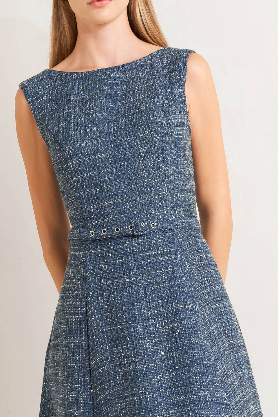 VINTAGE VIBE BOUCLÉ WOVEN TWEED MIDI DRESS