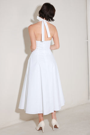 POWDER SKY HALTER WOVEN MIDI DRESS