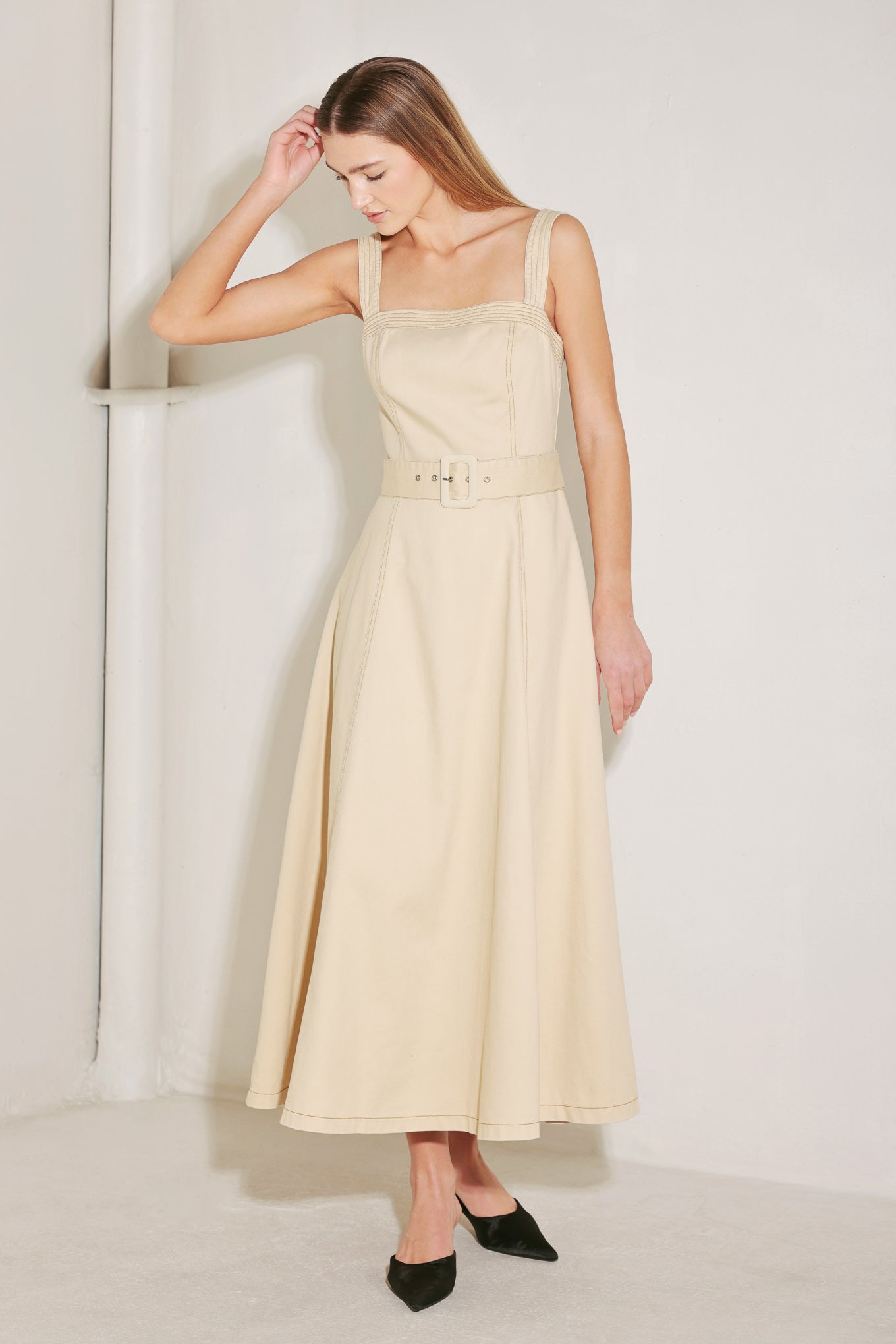 midi dress neutral Elevated Neutral Woven Midi Dress