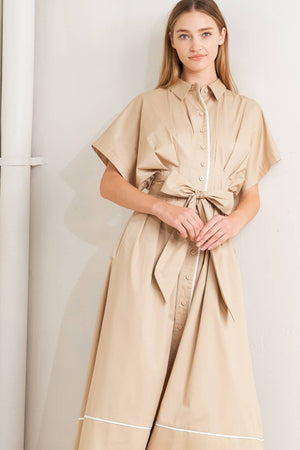 CATCH YOU LATER KHAKI WOVEN MIDI DRESS