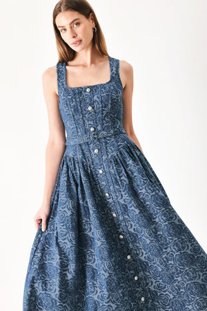 Midnight Garden Denim Midi Dress