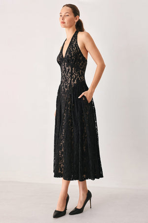 MIDNIGHT GARDEN HALTER WOVEN LACE MIDI DRESS