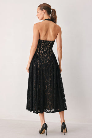 MIDNIGHT GARDEN HALTER WOVEN LACE MIDI DRESS