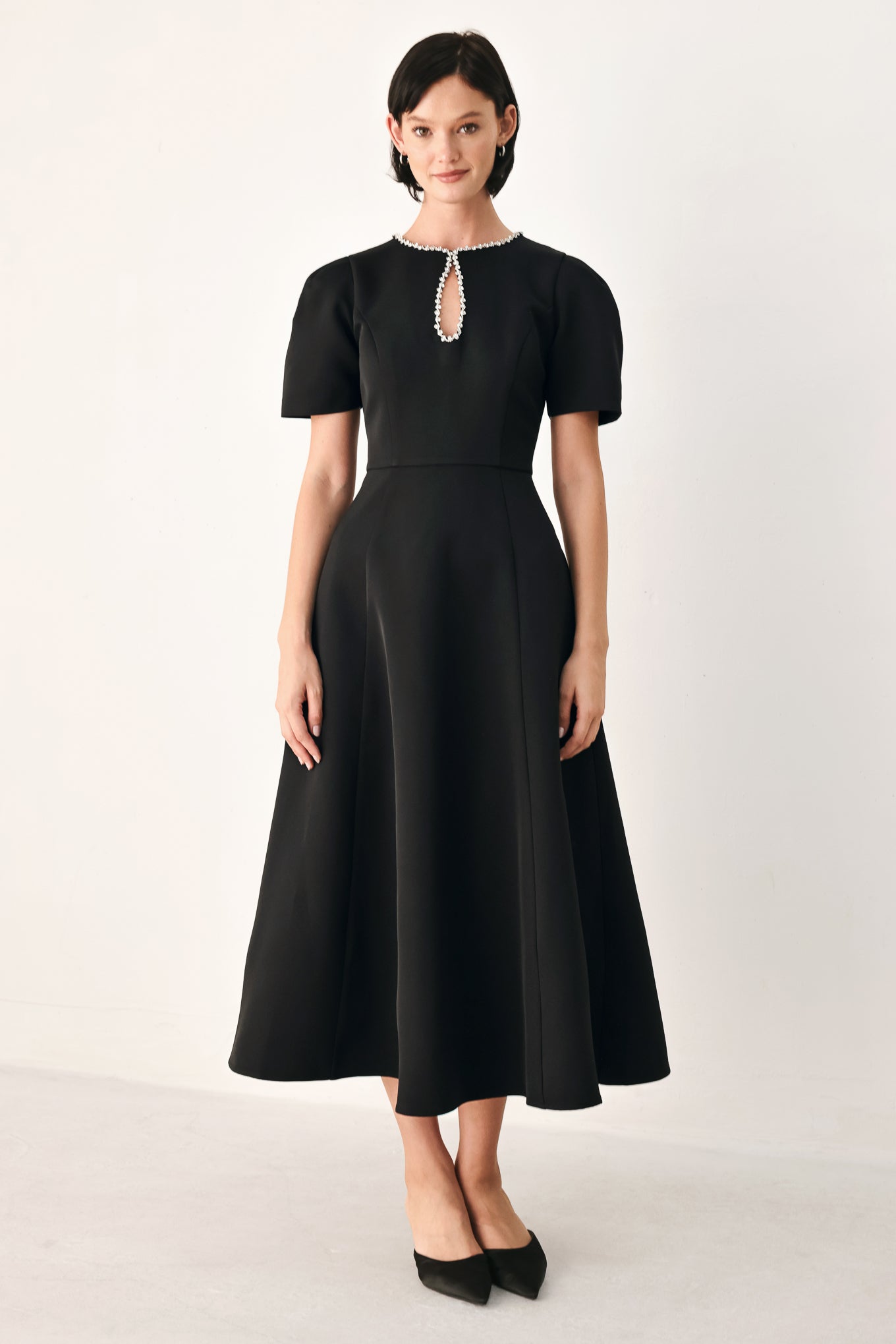 AFTER DARK ELEGANCE JEWELED MIDI DRESS
