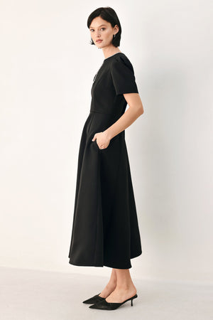 AFTER DARK ELEGANCE JEWELED MIDI DRESS