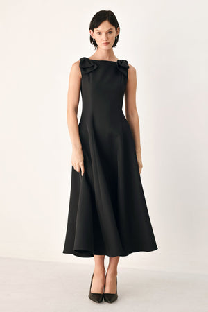 TIED TO TONIGHT BOW SHOULDER MIDI DRESS