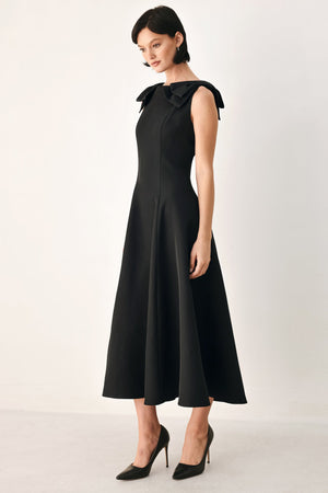 TIED TO TONIGHT BOW SHOULDER MIDI DRESS
