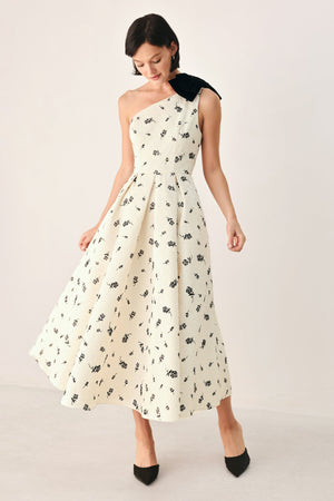 PERFECTLY POISED ONE SHOULDER BOW MIDI DRESS