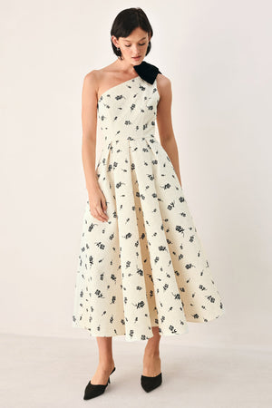 PERFECTLY POISED ONE SHOULDER BOW MIDI DRESS