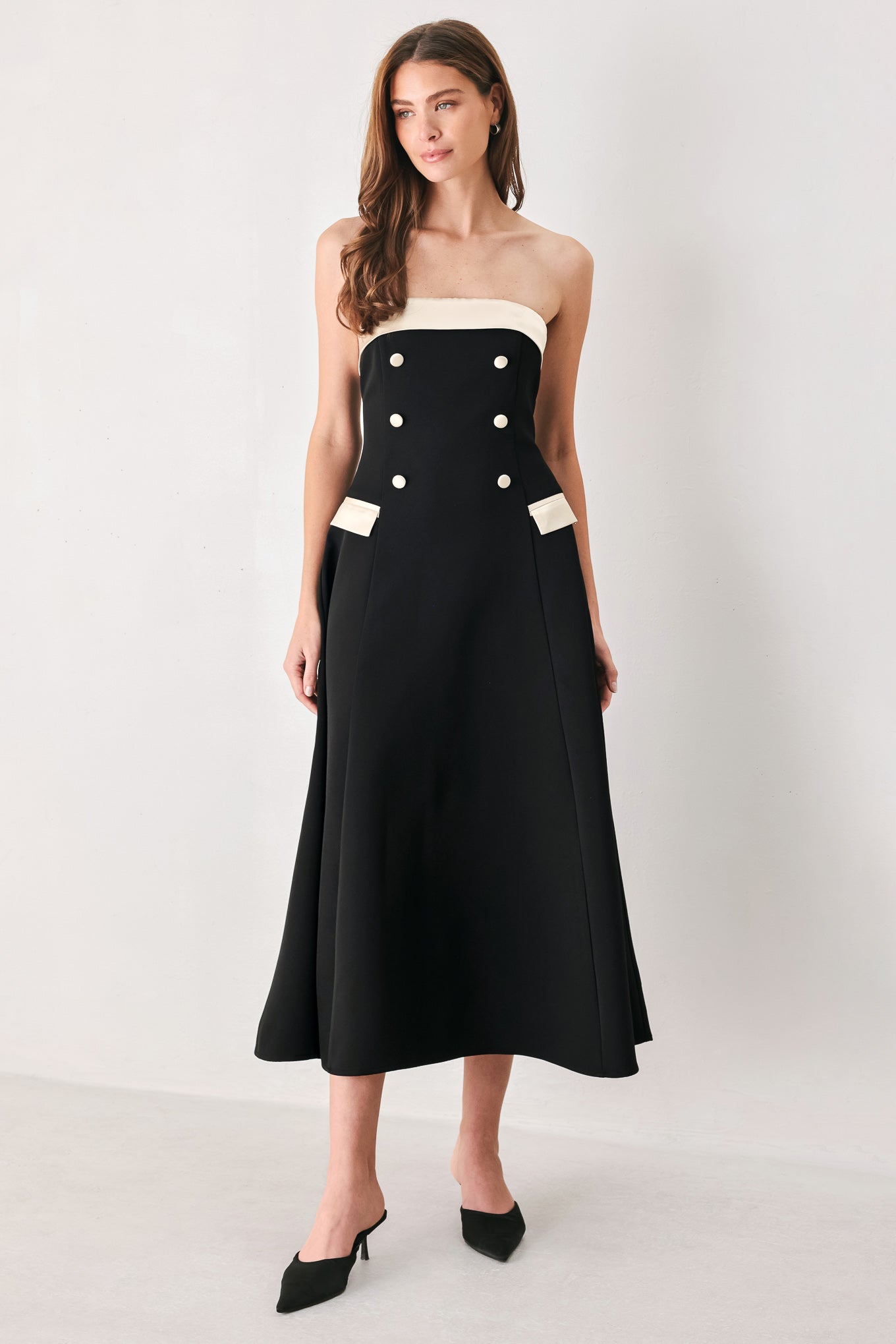 PARISIAN POISE BLACK/CREAM STRAPLESS BUTTON MIDI DRESS