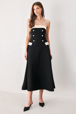 PARISIAN POISE BLACK/CREAM STRAPLESS BUTTON MIDI DRESS