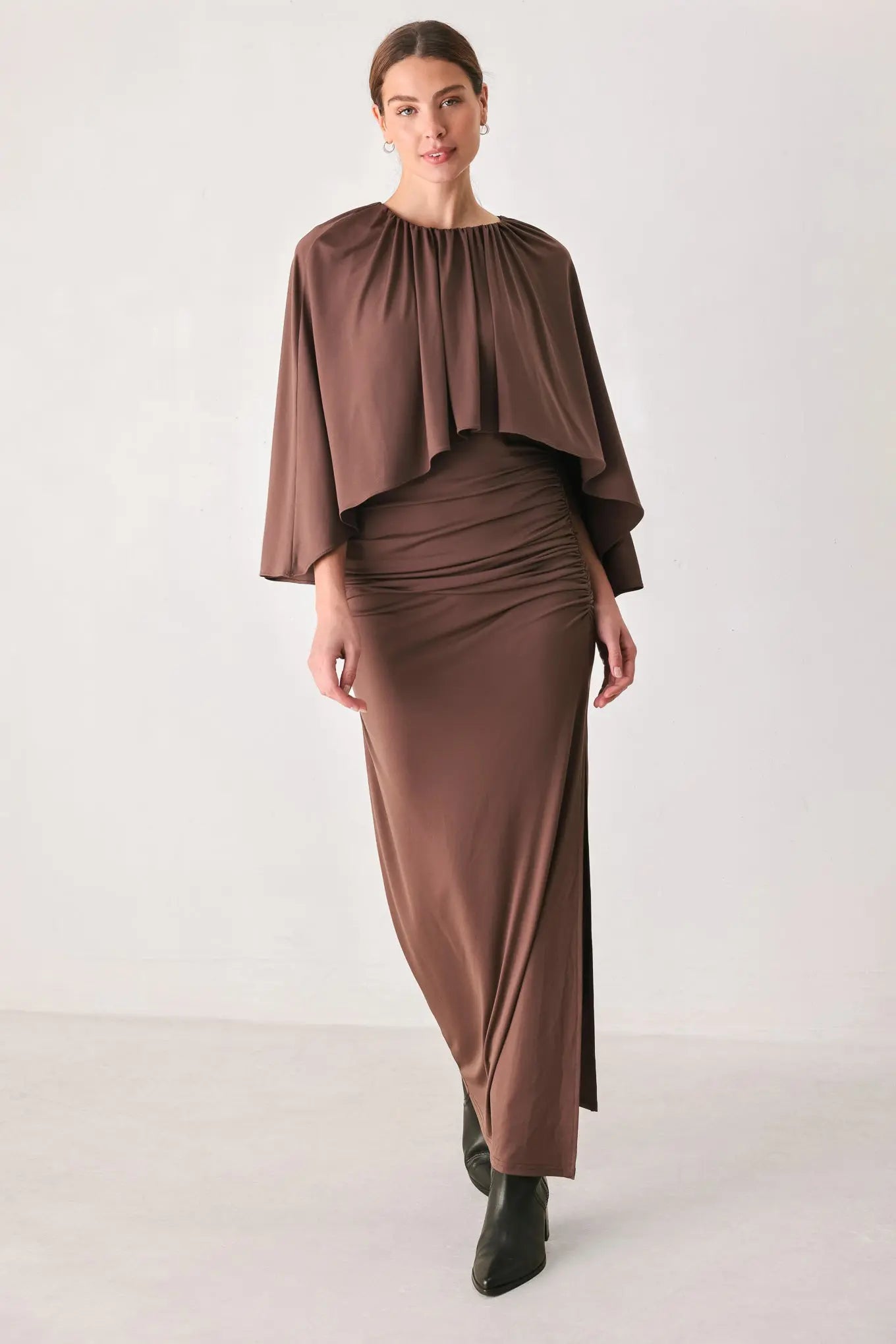DUSTY ROSE DRAPE MAUVE CAPLET SHIRRED MIDI DRESS