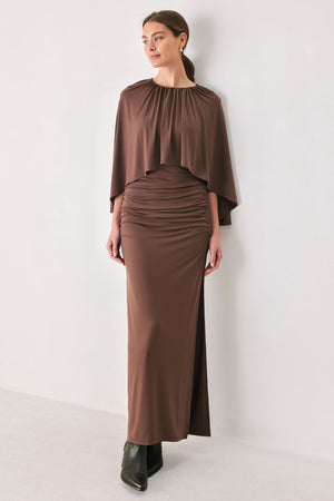 DUSTY ROSE DRAPE MAUVE CAPLET SHIRRED MIDI DRESS