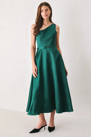 EMERALD ELEGANCE GREEN ONE-SHOULDER BELTED MIDI DRESS