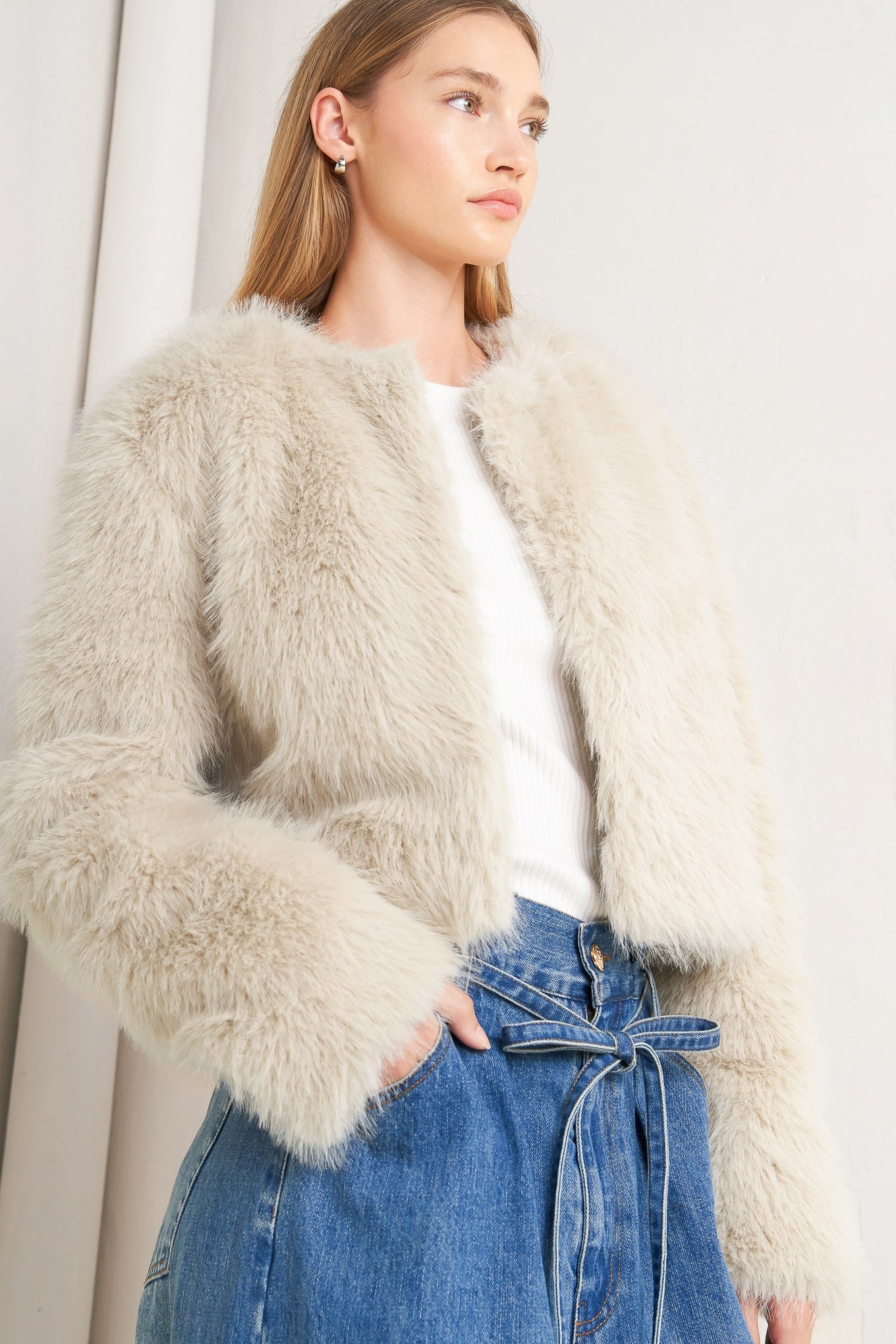 LONDON FLARE CREAM FAUX FUR CROP JACKET