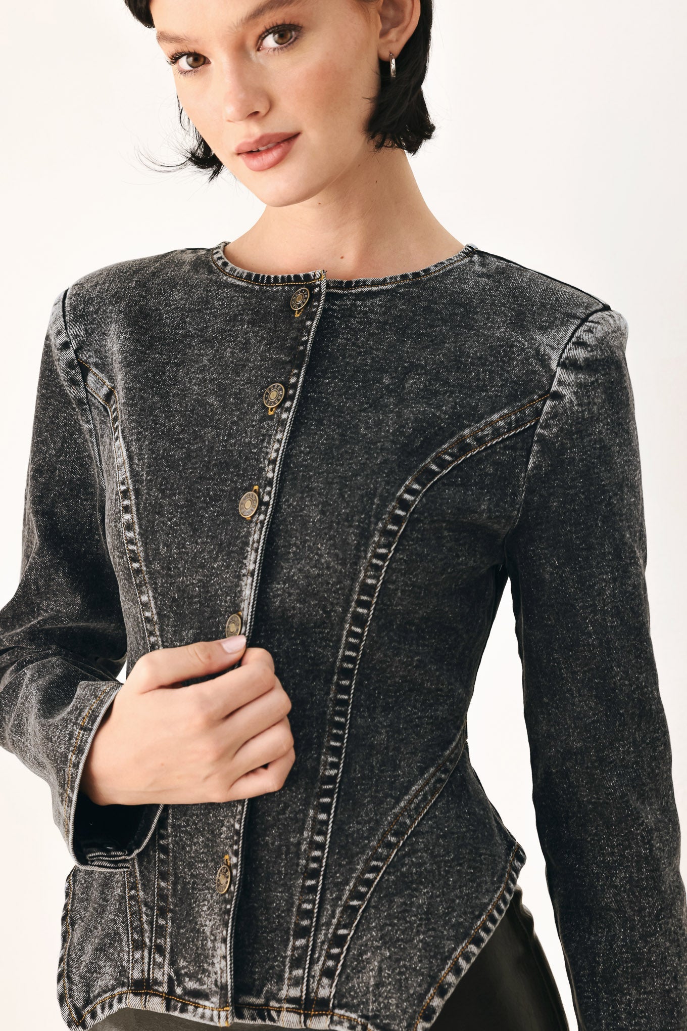 DOWNTOWN EDGE ACID WASH PEPLUM JACKET