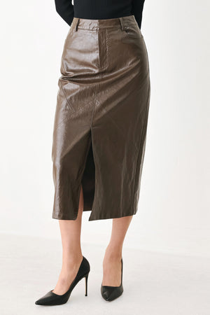 STONE LEATHER COLUMN FAUX LEATHER PENCIL SKIRT