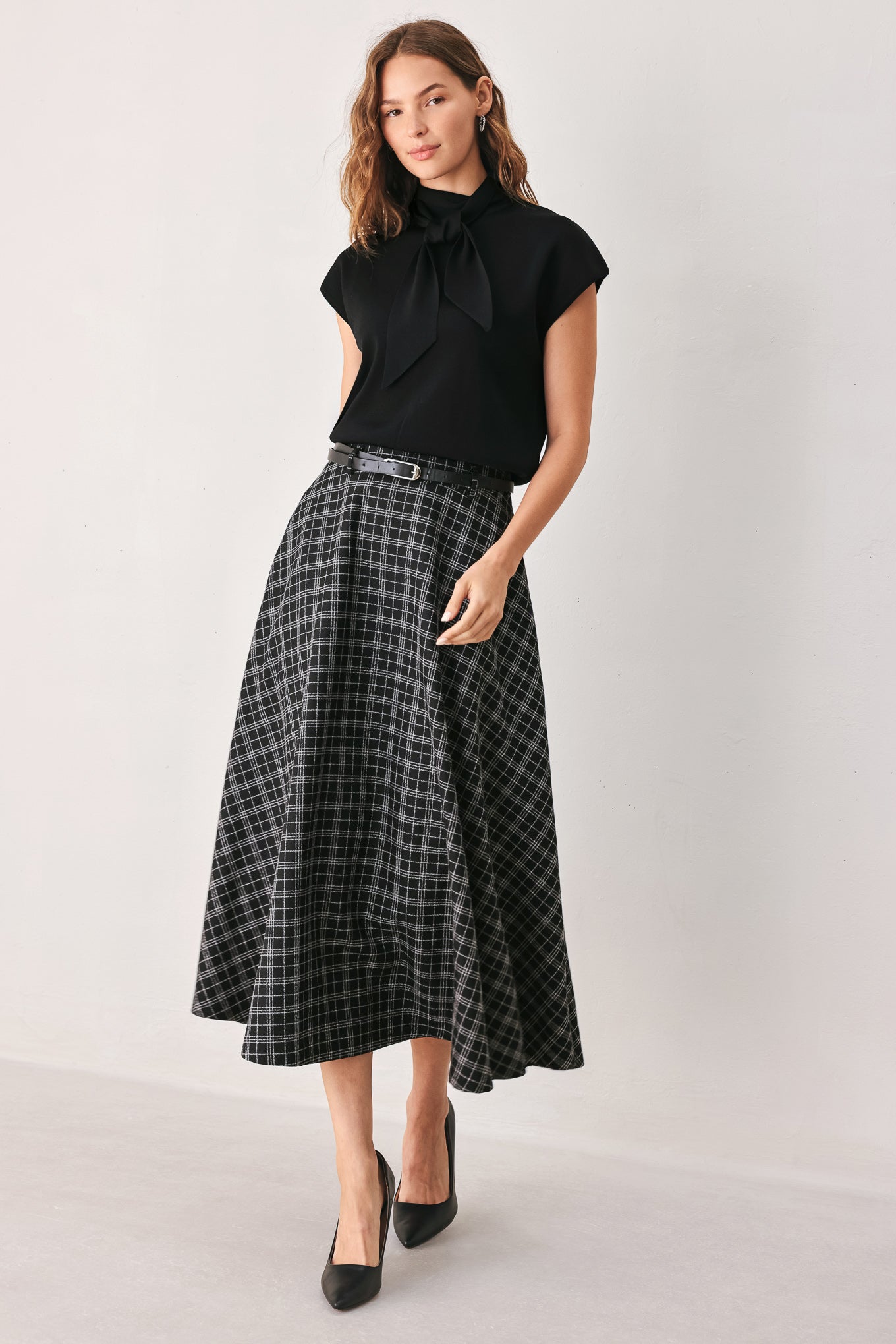 MONOCHROME CHECK FULL-SWEEP MIDI SKIRT - Knitted Belle Boutique