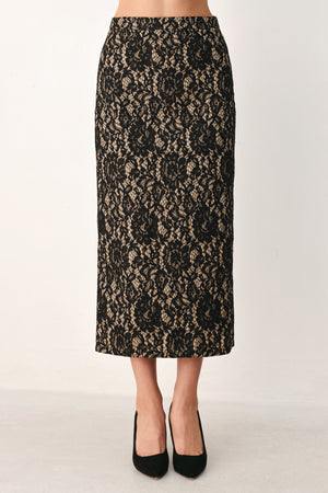 LACE THEORY BLACK LACE PENCIL MIDI SKIRT