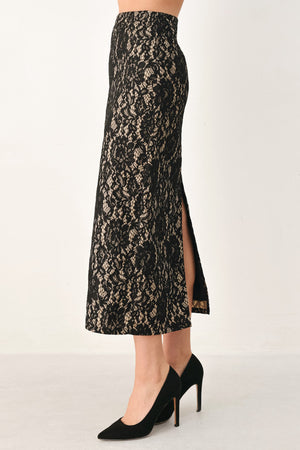 LACE THEORY BLACK LACE PENCIL MIDI SKIRT