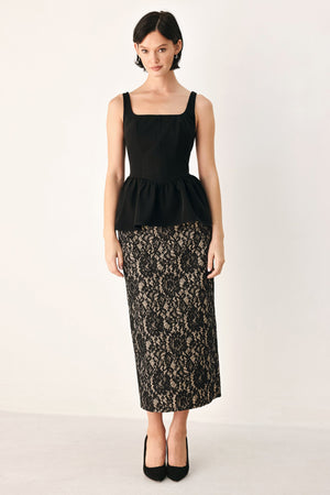 LACE THEORY BLACK LACE PENCIL MIDI SKIRT