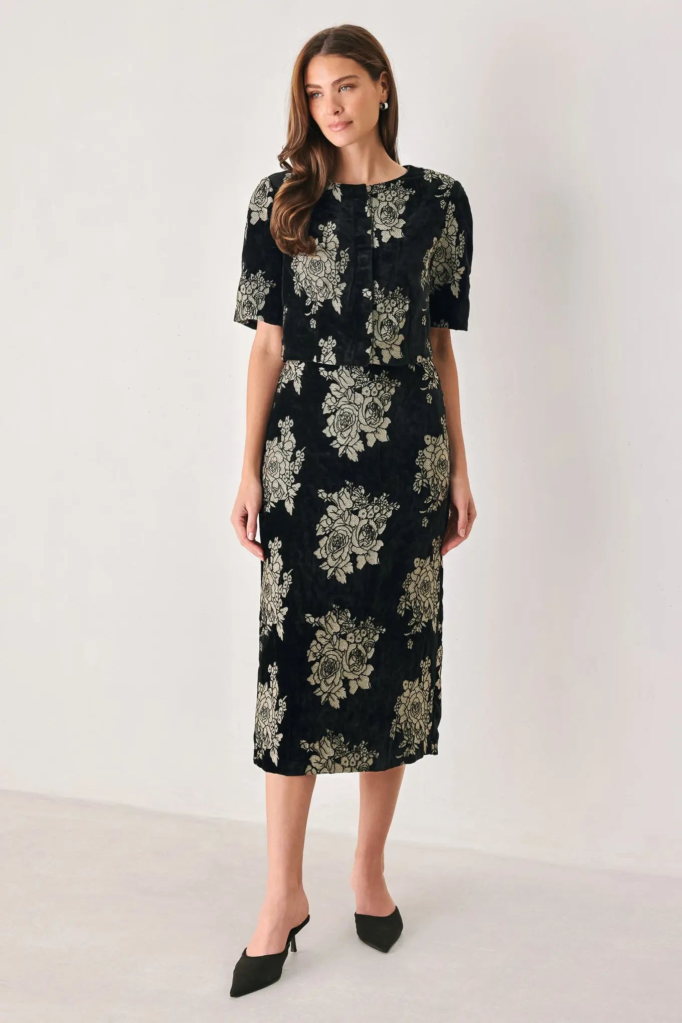 GILDED VELVET BLACK/GOLD JACQUARD MIDI SKIRT