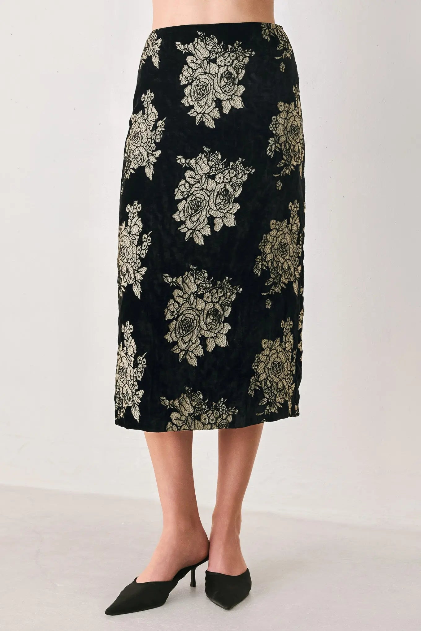 GILDED VELVET BLACK/GOLD JACQUARD MIDI SKIRT