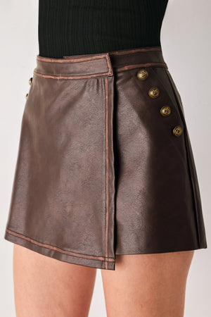 SADDLE STREET BROWN FAUX LEATHER WRAP SKORT