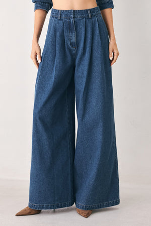 BLUE ECHO PLEATED DENIM WIDE LEG PANTS
