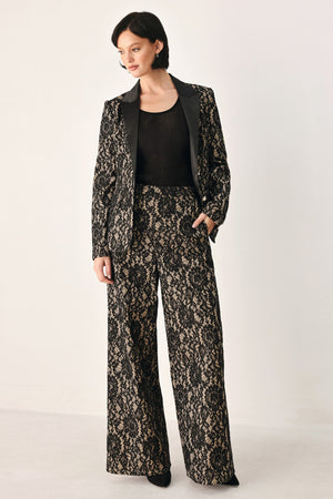 LACE THEORY BLACK/CAMEL LACE WIDE-LEG PANTS