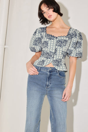 SWEET CHECK ROMANCE WOVEN JACQUARD TOP