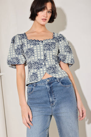 SWEET CHECK ROMANCE WOVEN JACQUARD TOP