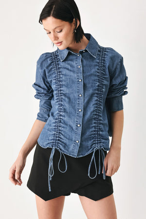 CASUAL ENCOUNTER INDIGO RUCHED DENIM BUTTON-DOWN TOP