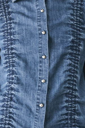 CASUAL ENCOUNTER INDIGO RUCHED DENIM BUTTON-DOWN TOP
