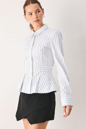 MODERNIST PINSTRIPE FLARED-WAIST WOVEN TOP