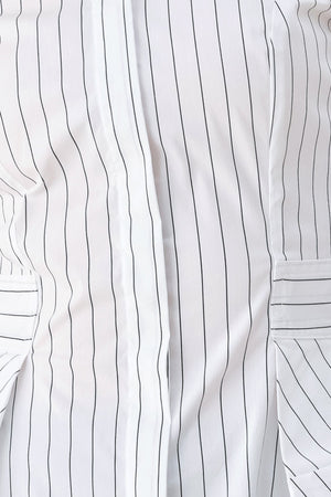 MODERNIST PINSTRIPE FLARED-WAIST WOVEN TOP
