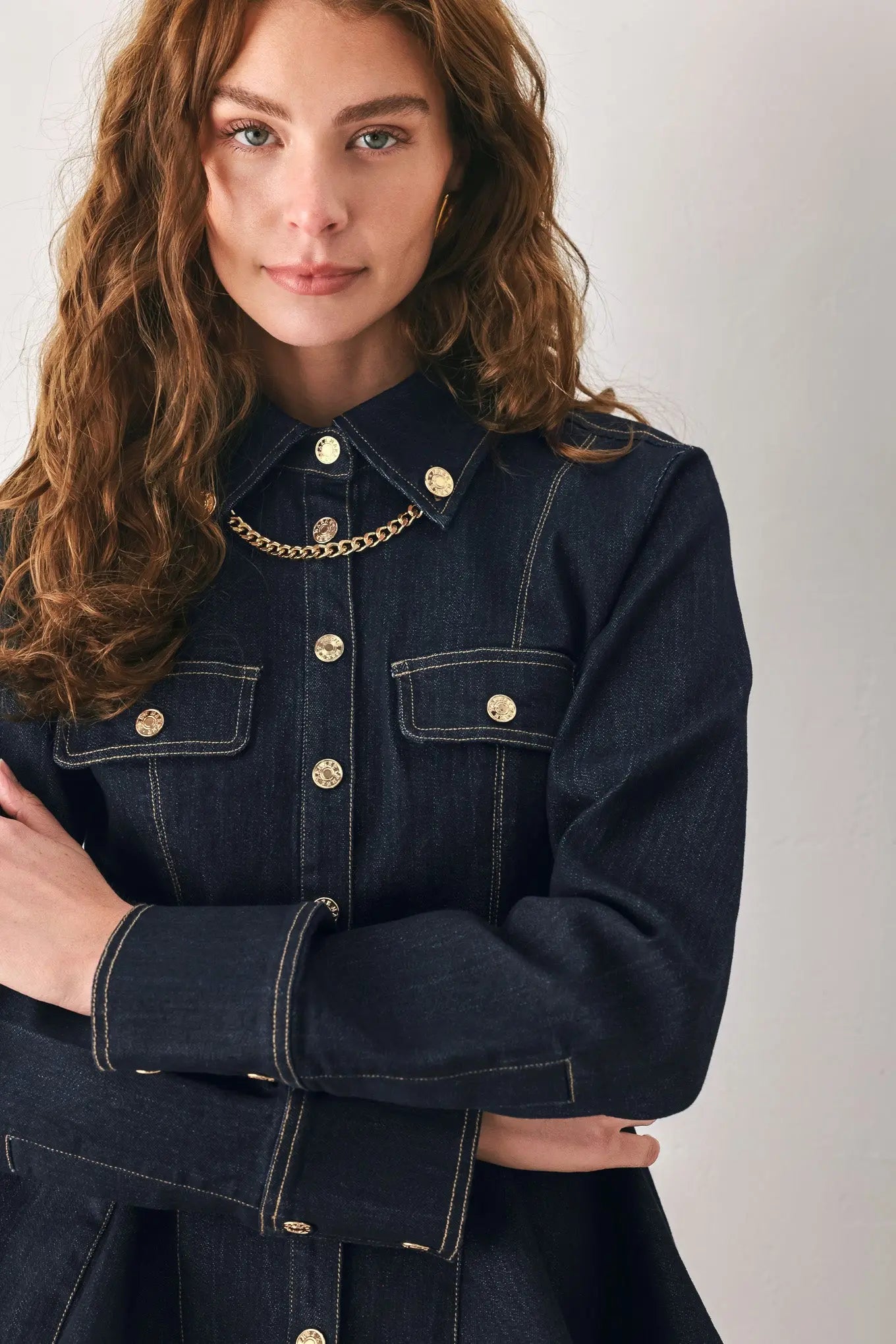 INDIGO ICON DARK INDIGO CHAIN-DETAIL PEPLUM DENIM TOP