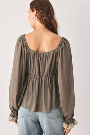 GREIGE ROMANTIC LACE-TRIM WOVEN TOP